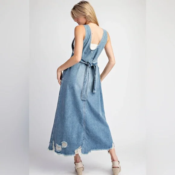 EE some denim maxi distressed overall dress LG boho casual retro pockets street - Picture 2 of 9
